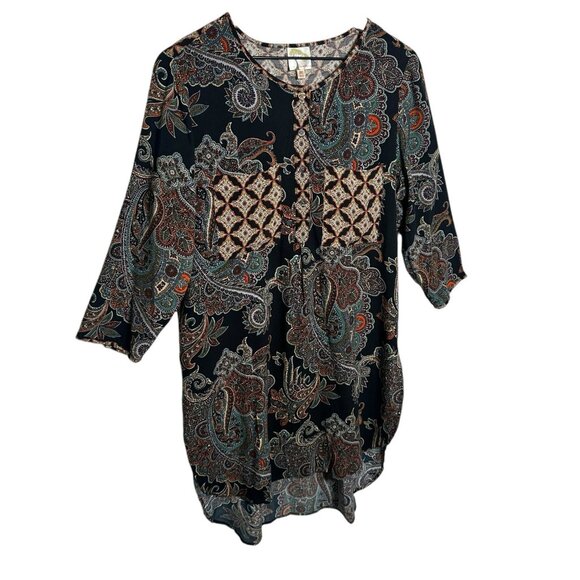 Anthropologie Fig & Flower Top Womens Sz Medium Black Artsy Boho Tunic Floral - Picture 5 of 13